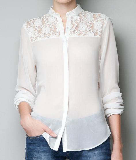 NEW FASHION WOMEN SOLID COLOR LACE CHIFFON LONG SLEEVE TURN DOWN COLLAR BLOUSE SHIRT