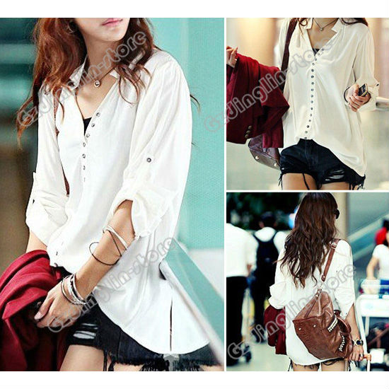 New Fashion Womens Clothing Ladies Long Sleeve V-Neck Button Casual Shirts T-Shirt Tops Blouse M Size White Free Shipping 0321