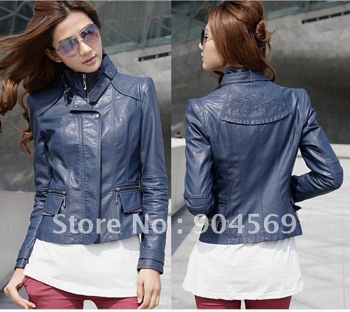 New Fashion Womens Korea Top PU leather Jacket Coat Outerwear Black blue jackets Size S M L XL free shipping