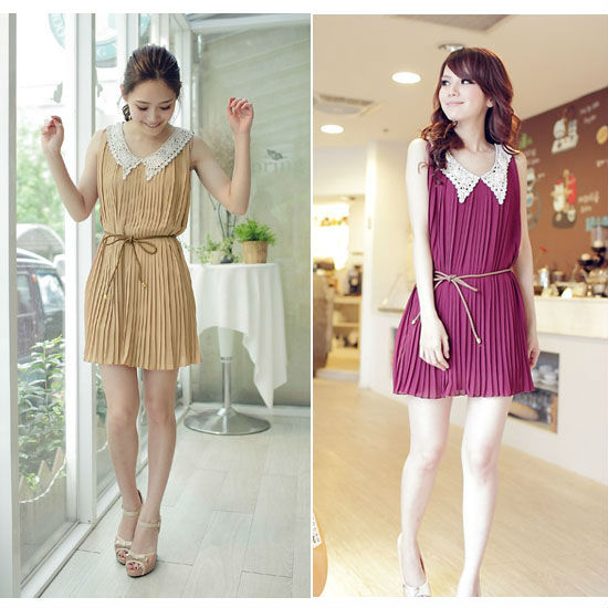 New Fashion Womens Ladies Summer Pleated Sleeveless Party Chiffon Mini Dress Solid Color Purple Apricot Free Shipping 0529