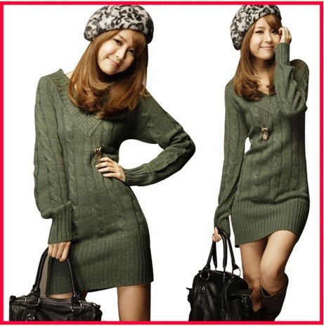 New Fashion womens Pullover V Neck Long Top Mini Dress Sweater Jumper