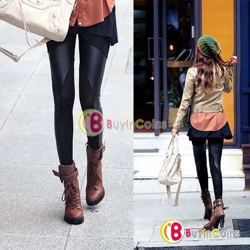 New Fashion Womens Sexy Stretch Black Faux Leather Splicing Tights Legging Pants[10629|01|01]