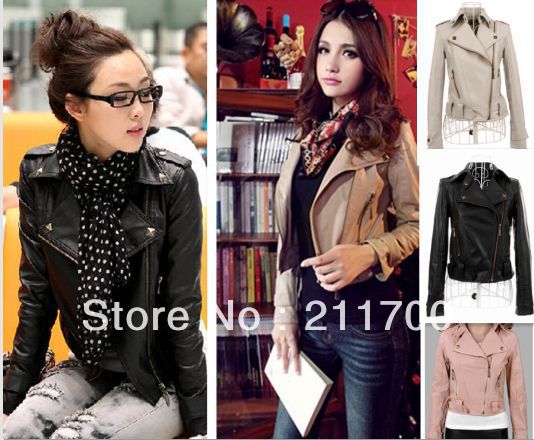 New Fashion Womens Slim Short Zipper PU Leather Jacket Ladies Rivet Tops Outerwear 3 Colors Free shipping