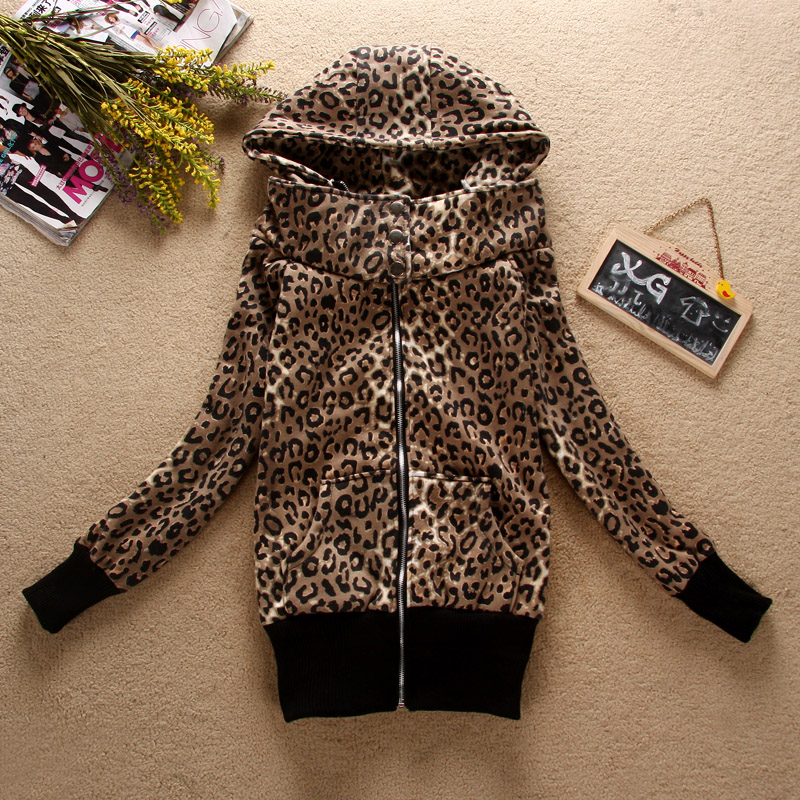 new free shipping Leopard print fleece with a hood long-sleeve medium-long zipper wadded jacket 2012 winter women's christmas