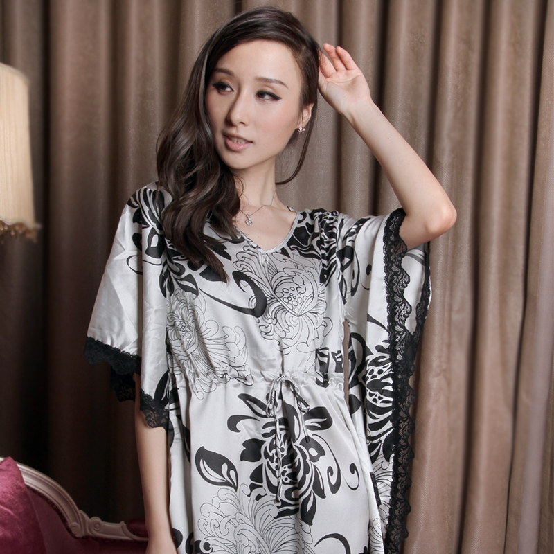 New Free Shipping Sweets print faux silk sleepwear elegant noble batwing sleeve plus size nightgown female lounge