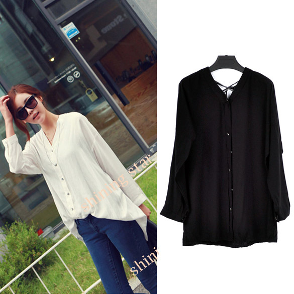 New Free Shipping Women's lace-up Long Sleeve Blouse Top V-neck Casual Blouse 10014