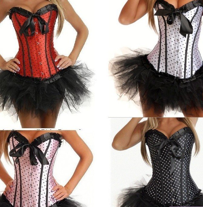 New Gothic Sexy Lady Dot Satin Lace up Corset Bustier with Mini Tutu Costume