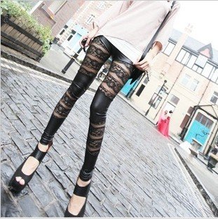 New high-end lace leather-symmetrical stitching through the meat hollow Leggings   Free shipping