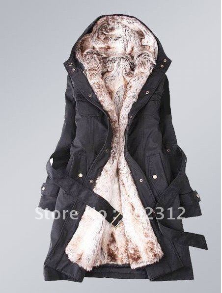 New Hooded Women's Fur Winter With Faux Fur Ling Long Coat Outerwear/ black