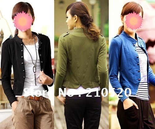 New Hot Fashion Women's Jacket, Stand-up Collar Epaulet Double-Breasted Short Jacket,Solid Color Black/Blue/Army Green