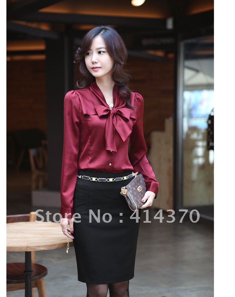 NEW HOT Korea fashion Women's Ladies bowtie OL shirt Long Sleeve Vintage ShirtsTops blouse New free shipping