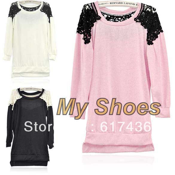 New Hot Korean Women's OL Sweet Long Sleeve Lace loose Sweater Top 3Colors free shipping 8214