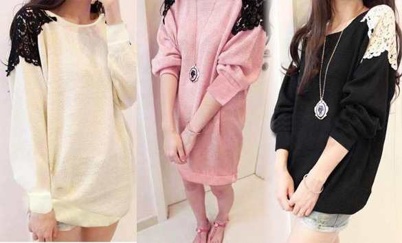 New Hot Korean Women's OL Sweet Long Sleeve Lace loose Sweater Top 3Colors free shipping 8214