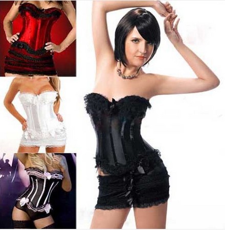 NEW Hot Sexy Satin Lace up Boned Corset Bustier+G-String Lingerie A068 S-6XL