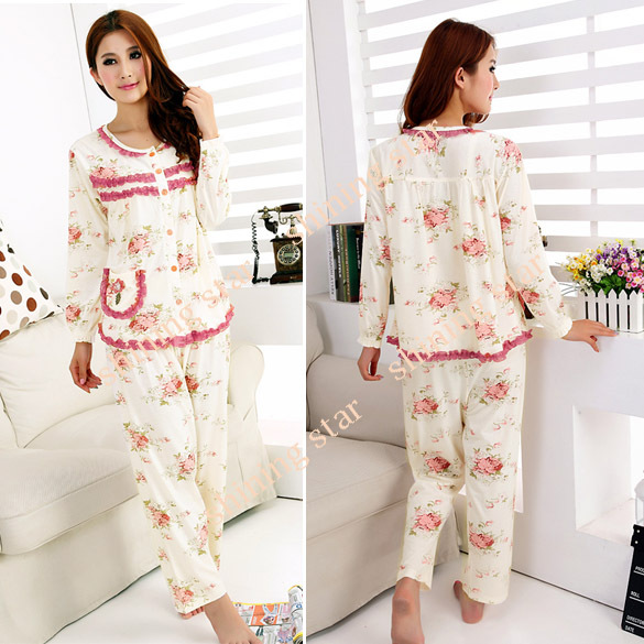 New Hot Women's Floral Pattern Sleepwear Pajama Sleep Clothes Set Round Collar Size M/L/XL/XXL Free Shipping S11174