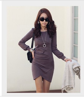 New Korea Style 2012 women fashion rivet long-sleeve puff sleeve Side wrinkle HIgh quality Office Lady Bud one-piece dress 73870