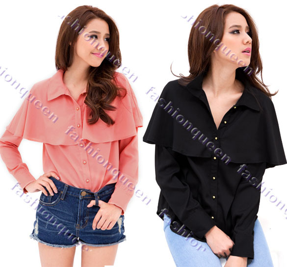 New Korea Style Lady 's Wave Mantle Shape blouse chiffon Long Sleeve Shirts Tops Blouse 2 colors 10134