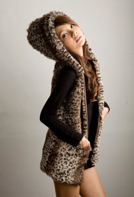 NEW Korea Women Hoodie Faux Fur Leopard Thick Vest Hot