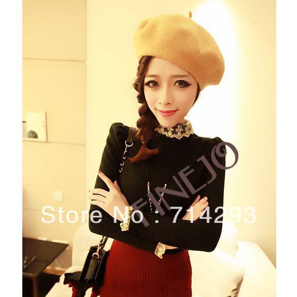 New Korea Women's Long Sleeve Lace Stand Collar Puff  Knit Sweater Free shipping 9420