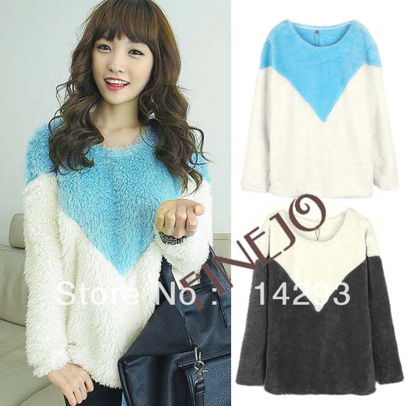 New Korea Women's Plush Color Splicing Long Sleeve Round Neck Pullover Jumper Shirt Tops free shipping 9402