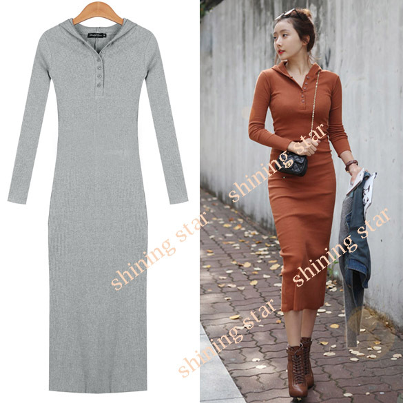 New Korea Women's Thread Knit Hooded Dress V-neck Long Sleeve Slim Fit Full Length Long Dress 10117