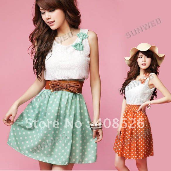 New Korean Fashion Style Polka Dot Dress Sweet Lovely Mini Dress Orange/Green Lace Top free shipping 3607