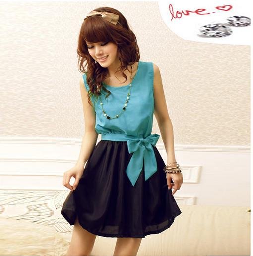 New Korean Fashion Women's Slim Sweet Bowknot Round Neck Preppy Mini Dress HR250L