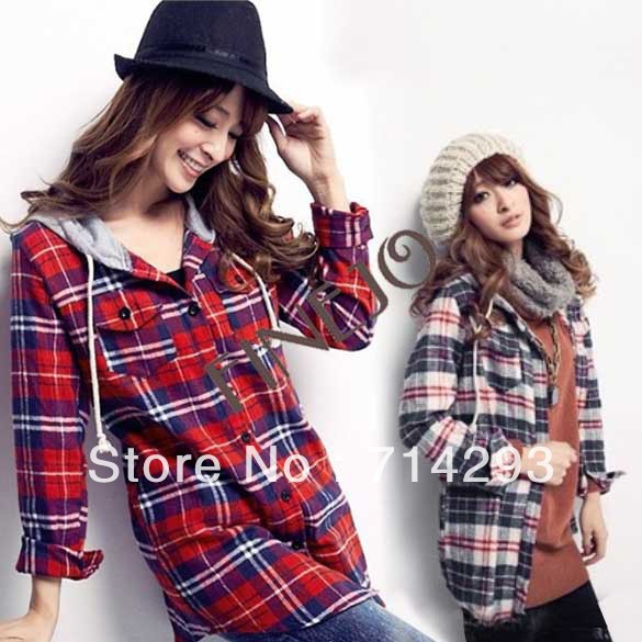 New Korean Hot Women's Ladies Long Sleeve Flax Casual Hood Plaid Shirt Blouse