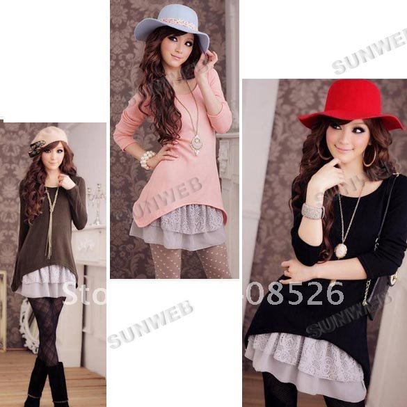 New Korean Style Lovely Two-piece Knitting Mini Long Sleeve Dress 3 Colors free shipping 7411