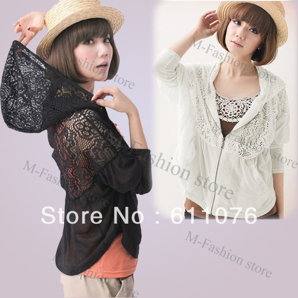 New Korean Women Lace Hollow Long-sleeve Plain Elegant Sweater Splicing Knit Hooded Jacket Coat Black White free shipping 7507