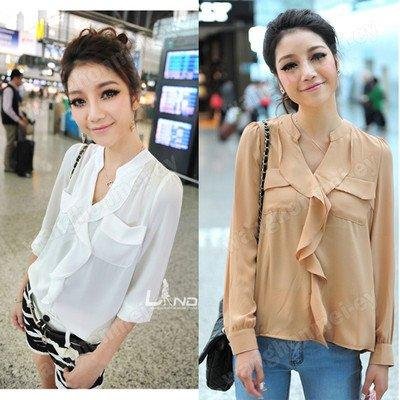 New Korean Womens Stand Collar See-through Chiffon Blouse Shirt Top 2Colors