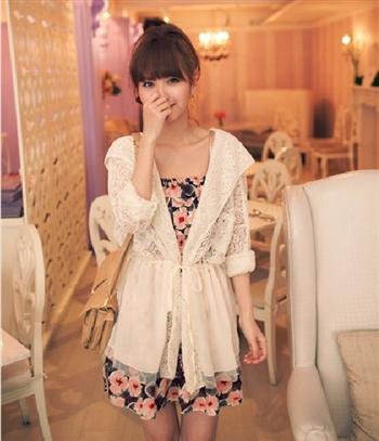 New lace cardigan blouse women coat fashion hooded waist lace net yarn blouse sunscreen long-sleeved match jacket