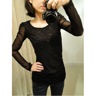 new lace decoration bow puff sleeve slim basic shirt t-shirt