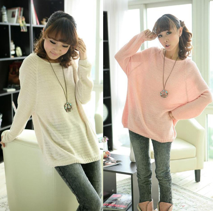 New Ladies Batwing Round Neck Knitted Pullover Jumper Casual Loose Long Sweater