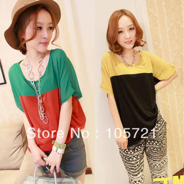 New Ladies Short Sleeve Korean Tops Two Styles Loose Color Stitching T shirt  CY0210