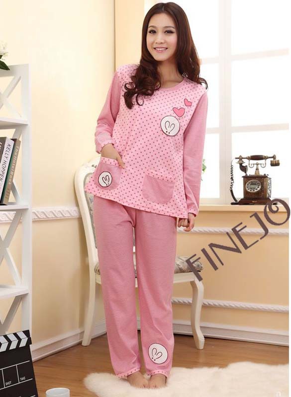 New Ladies Women's Cute Cartoon Crew Neck Long Sleeve Cotton Home Wear Pajamas Sleepwear Free shipping cheap11178