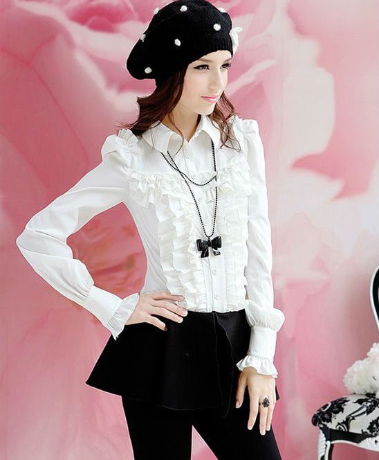 New lady white long sleeve shirt button down ruffles shirts bow OL tops blouses