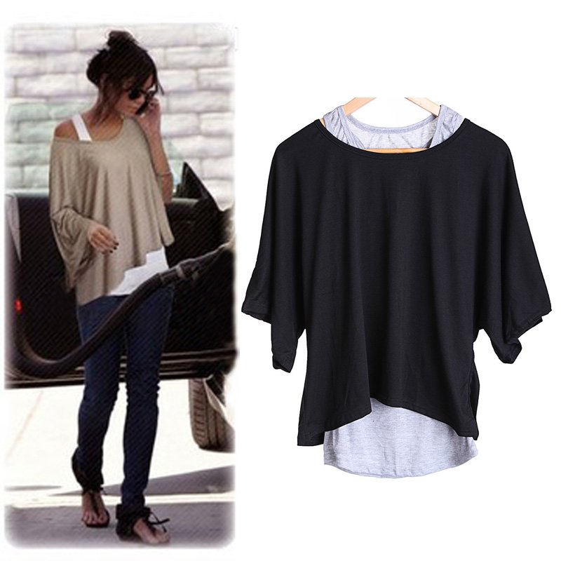 New Lady Women's Loose Tops Batwing T-Shirt Casual Blouse + Tank Vest  Black and Gray ,Free Shipping  Dropshipping