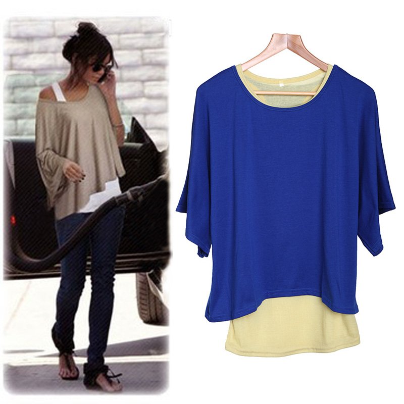 New Lady Women's Loose Tops Batwing T-Shirt Casual Blouse + Tank Vest  Blue and Yellow  ,Free Shipping Dropshipping Wholesale