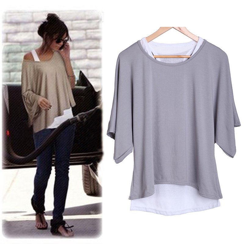 New Lady Women's Loose Tops Batwing T-Shirt Casual Blouse + Tank Vest Gray and White,Free Shipping  Dropshipping