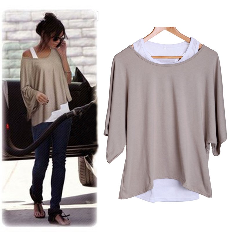 New Lady Women's Loose Tops Batwing T-Shirt Casual Blouse + Tank Vest  Khaki and White ,Free Shipping Dropshipping Wholesale