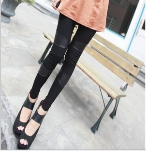 New Leisure Fashion Faux Leather Patchwork High Elastic Milk Silk Leggings Free Shipping 9216