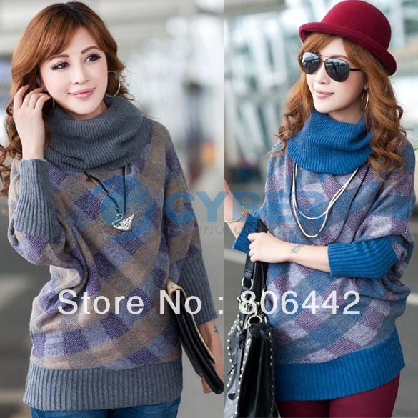 New Long Sleeve Highneck Checks Batwing Sweater Coat Cardigan Free Shipping 9062