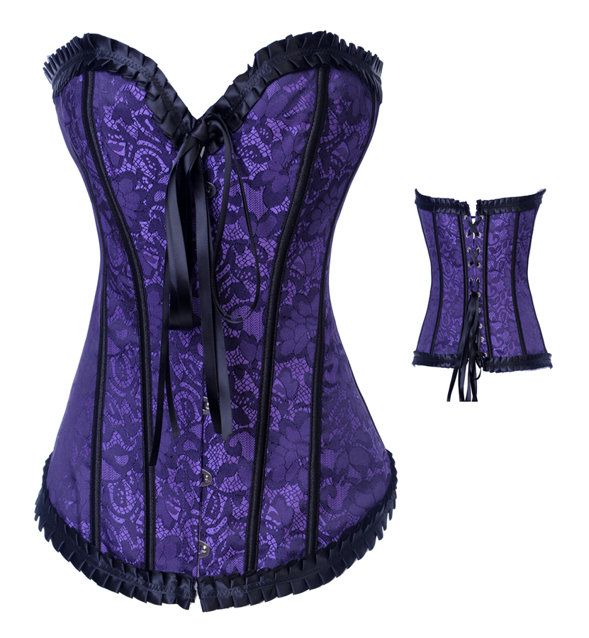 New purple  lace up boned corset busiter with print  ribbon front  lingerie factory supplier S-2XL