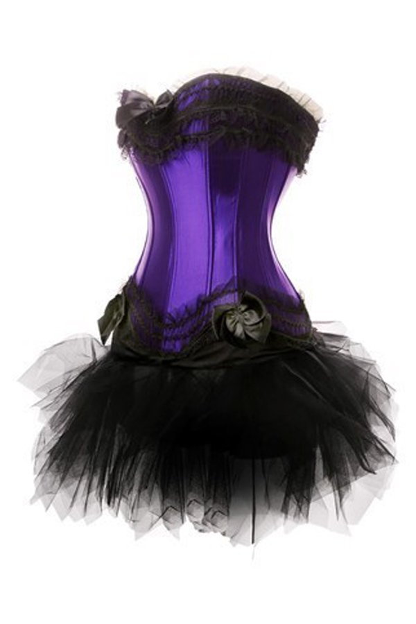 New purple lace up boned top corset busiter show gilr with g-string and black mini tutu S-2XL