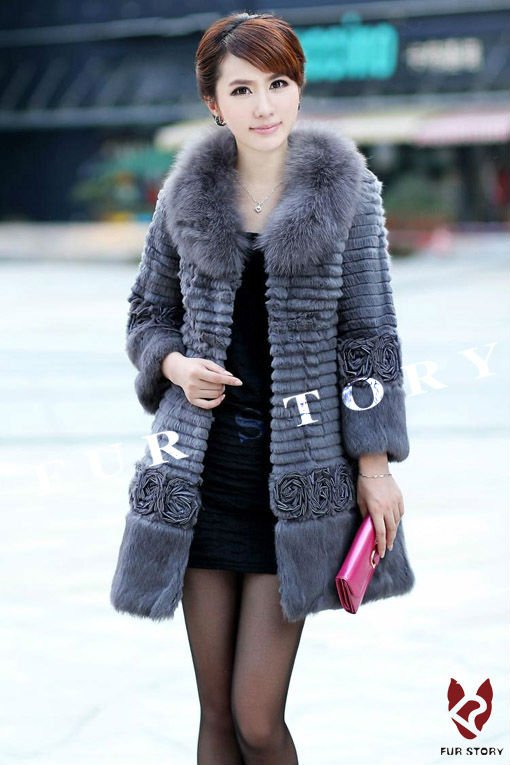 New real rabbit fur coat with fox fur collar and flower-decoration coat jacket overcoat 6 Colors Shipping free