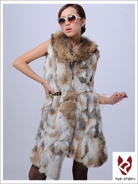 New real rabbit fur vest raccoon fur collar waistcoat coat jacket ladies' garment  2Nature color 90cm length shipping free