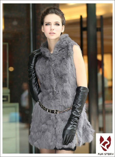 New real rabbit fur vest with hood waistcoat coat jacket ladies' garment Long version 10 colors shipping free