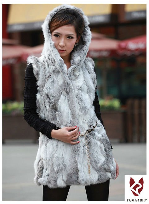 New real rabbit fur vest with hood waistcoat coat jacket ladies' garment Long version 10 colors shipping free