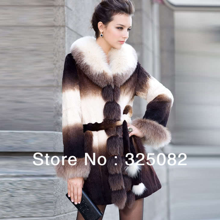 New Real Rex Rabbit Fur Coat/Jacket with Fox Collar Outwear/garments